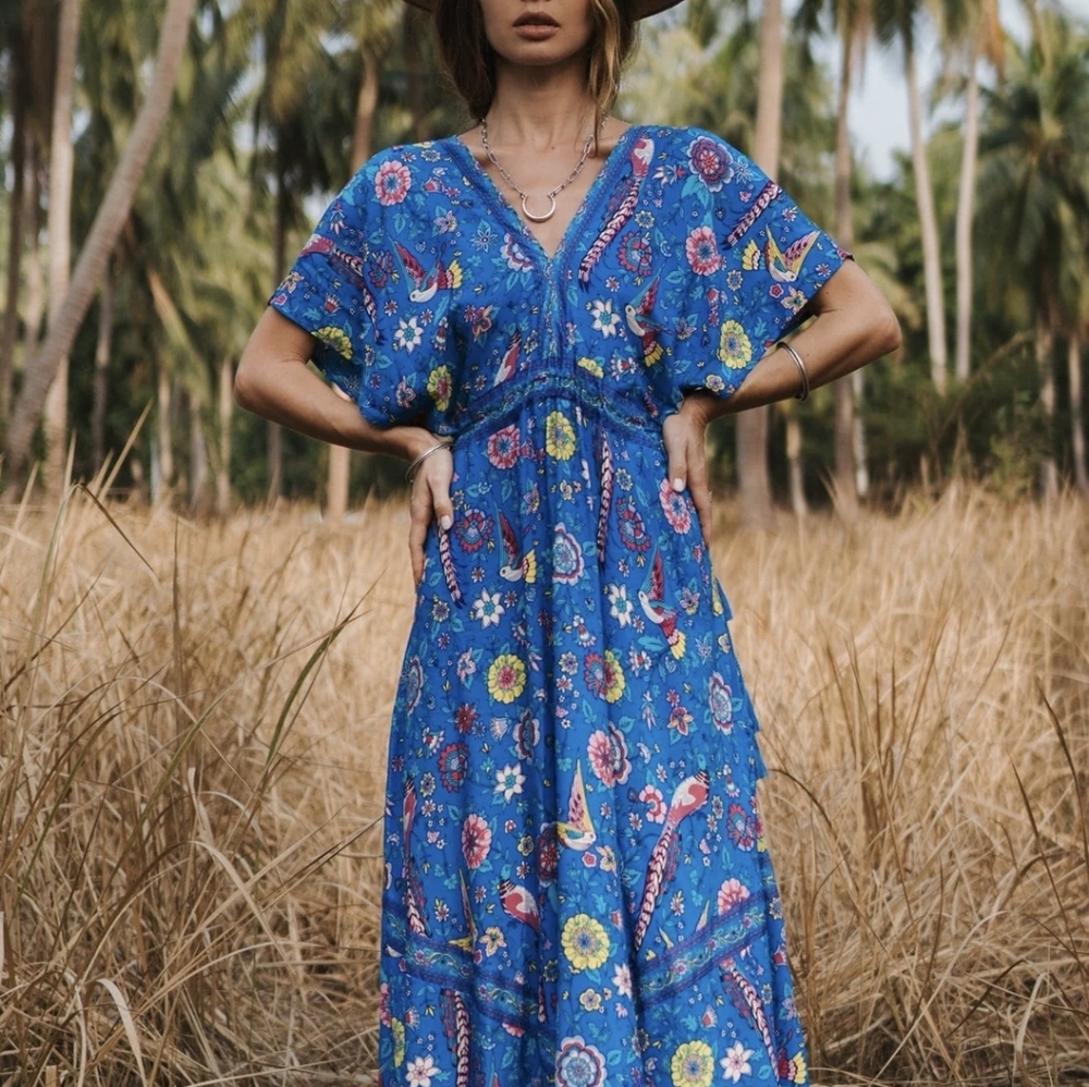 R. Vivimos Blue Floral Kimono Sleeve Bohemian Midi Dress, Small - Picture 3 of 11